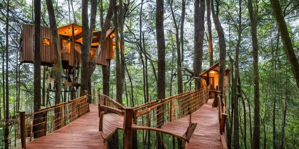 Image similar to interior of an epic treehouse. modern design, window viewing forest canopy, wooden bridge