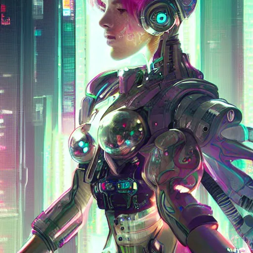 Image similar to portrait futuristic Cyber warrior Girl, in future cyberpunk tokyo rooftop , ssci-fi, fantasy, intricate, very very beautiful, elegant, neon light, highly detailed, digital painting, artstation, concept art, smooth, sharp focus, illustration, art by tian zi and WLOP and alphonse mucha