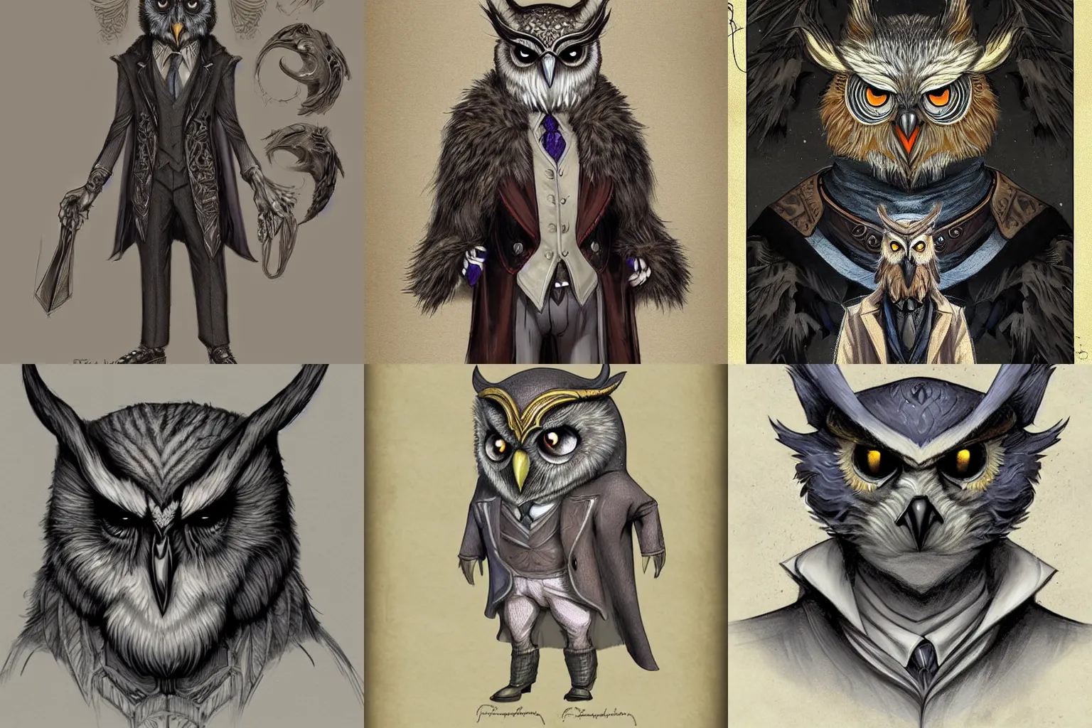 Prompt: A stoic owlman with a missing eye who is headmaster of a magic school, elegant, stylish, intricate, D&D character concept art by Randy Vargas.