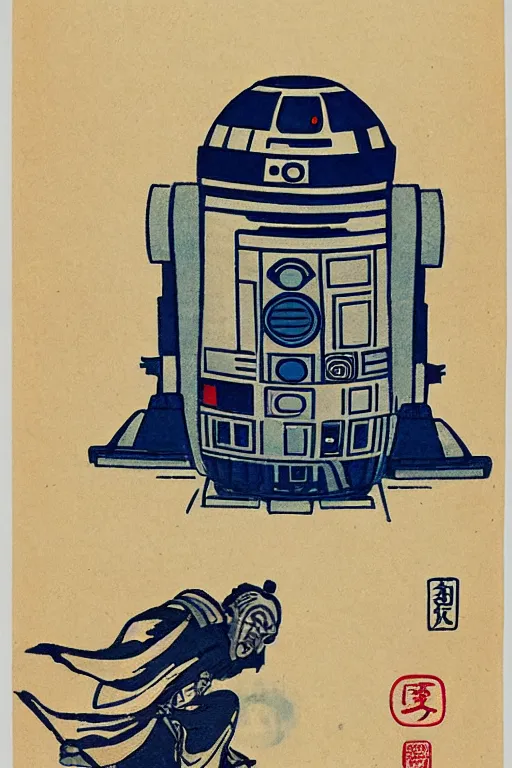 Prompt: Japanese woodblock print of r2d2, hokusai