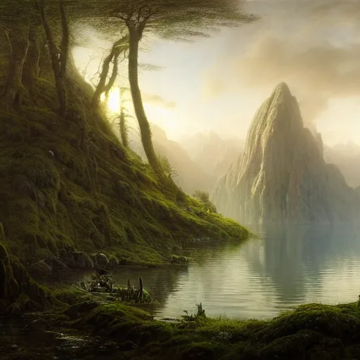 Image similar to a beautiful and highly detailed matte painting of the lost land by a beautiful lake, thick mist, sunlight, celtic, psychedelic, epic scale, insanely complex, hyperdetailed, sharp focus, hyperrealism, artstation, cgsociety, 8 k, bright colors, by caspar friedrich, albert bierstadt, james gurney, brian froud,