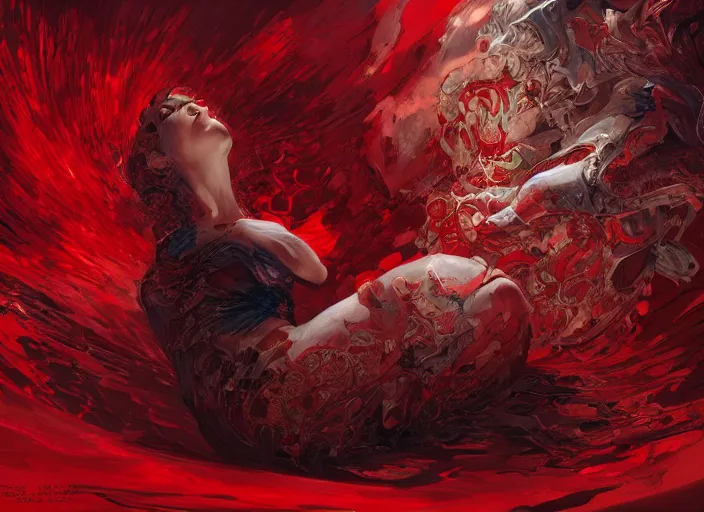 Image similar to woman in love sit upon a scarlet coloured beast, pain, light effect, hyper detailed, elegant, highly detailed, digital painting, artstation, concept art, matte, sharp focus, illustration, by james jean, andrei riabovitchev, marc simonetti, yoshitaka amano