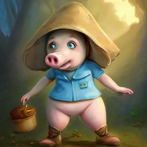 Image similar to cute little anthropomorphic funny female pig wearing shorts, a sunhat, boots and a pale blue shirt!! tiny!! fully clothed!!! small, short, cute and adorable, character art portrait, matte fantasy painting, deviantart artstation, by jason felix by steve argyle by tyler jacobson by peter mohrbacher, cinema