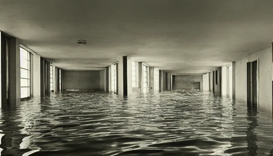 Image similar to 7 0 s movie still of an empty soviet stalinist style hallway flooded in water, eastmancolor, heavy grain, high quality, high detail