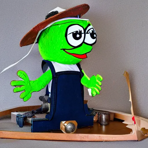 Prompt: happy pepe the miner in a puppet show