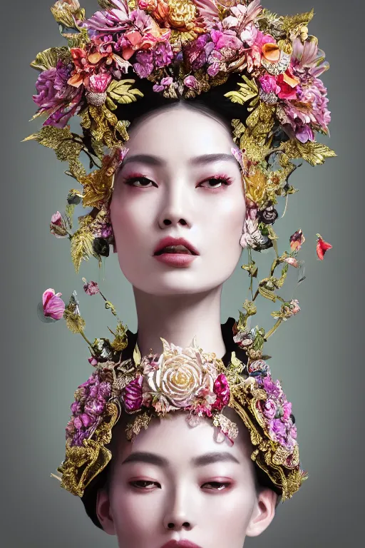 Prompt: a beautiful empress portrait, with a brilliant, impossible striking big flower headpiece, clothes entirely made out of flowers, symmetrical, dramatic studio lighting, beauty dish, rococo, baroque, jewels, asian, hyperrealism, closeup, D&D, fantasy, intricate, elegant, highly detailed, digital painting, artstation, octane render, 8k, concept art, matte, sharp focus, illustration, art by Artgerm and Greg Rutkowski and Alphonse Mucha