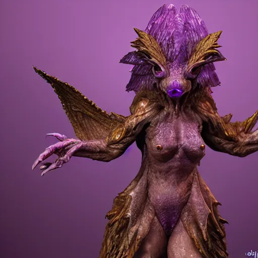 Image similar to zergling from the dark crystal wearing golden talismans and amethyst crystals. evil cinematic undertones. diffuse volumetric lighting.