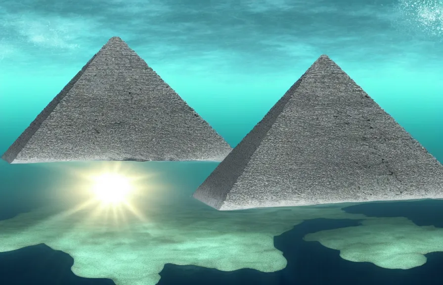 Image similar to a realistic cell - shaded cartoon showing a white pristine pyramid underwater at the bottom of the sea. shafts of sunlight come from above. wide shot, very dull muted colors, hd, 4 k, hq