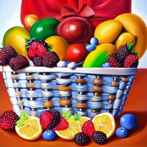 Image similar to photorealistic painting of a gift basket with fruit chocolate and toys