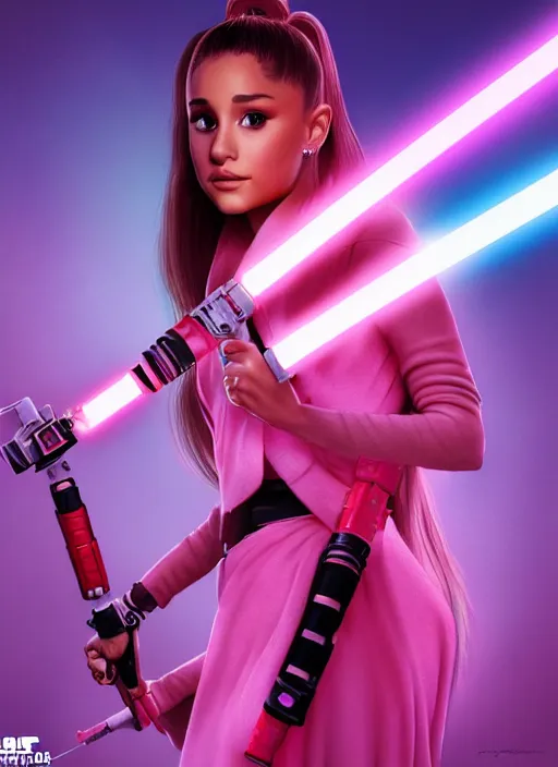 Prompt: An extremely detailed photo of Ariana Grande in the Star Wars universe holding the handles of two pink lightsabers held in each hand. Maximum detail on artstation, photo realism, vivd details, vivd colour, volumetric lighting