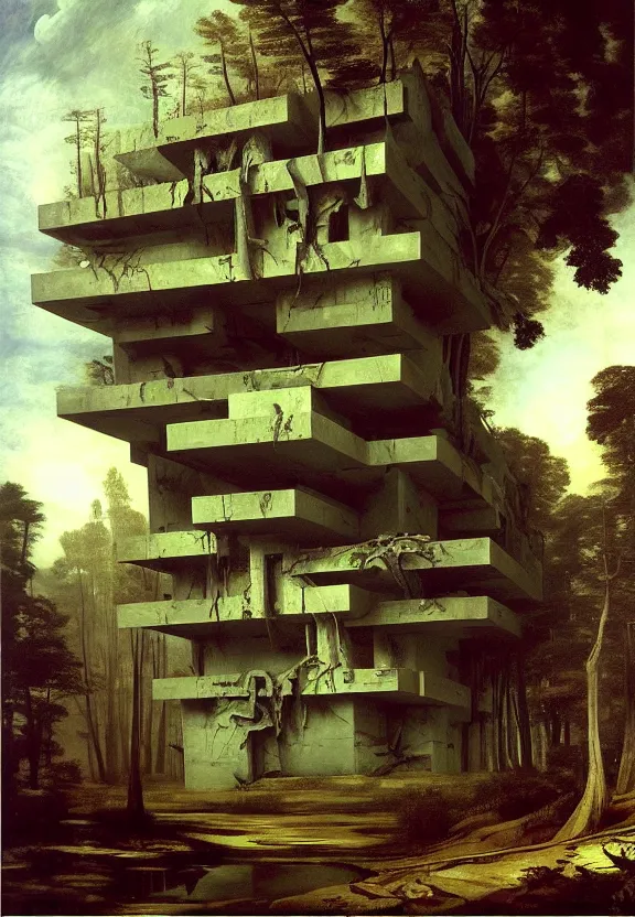 Prompt: a painting of a building in the middle of a forest, a detailed matte painting, brutalism, dystopian art, rough, unfinished surfaces, unusual shapes, straight lines, greeble, oil paint, insanely detailed and intricate, hypermaximalist, elegant, ornate, hyper realistic by eugene von guerard, peter gric, francisco goya, caravaggio