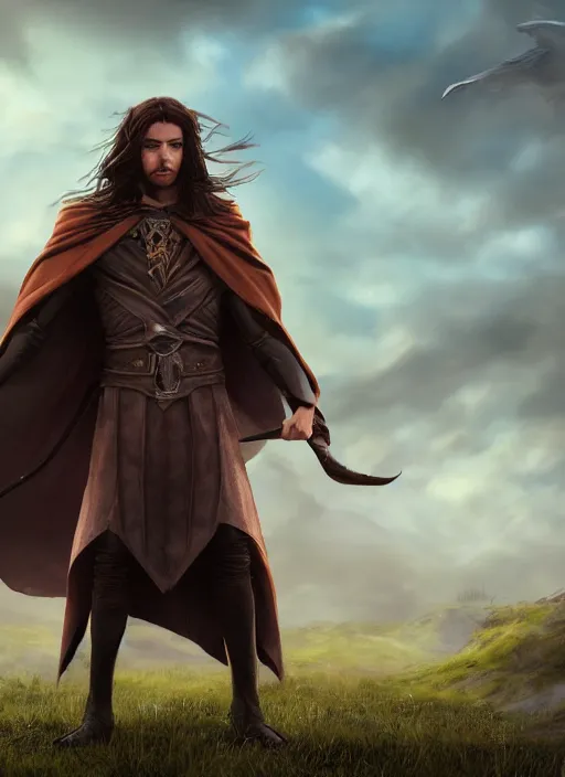 Image similar to An epic fantasy comic book style portrait painting of a young man with a long brown hair, a cloak waving in the wind in front of an epic fantasy landscape, unreal 5, DAZ, hyperrealistic, octane render, cosplay, RPG portrait, dynamic lighting