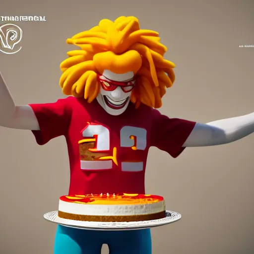 Image similar to Ronald Mcdonald with a birthday cake wearing a miami dolphins jersey, concept art, cgsociety, octane render, trending on artstation, unreal engine 8k,