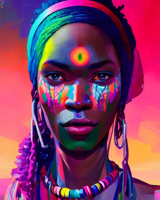Prompt: colorful character portrait of a black female hippie, set in the future 2 1 5 0 | highly detailed face | very intricate | symmetrical | cinematic lighting | award - winning | painted by mandy jurgens | pan futurism, dystopian, bold colors, cyberpunk, groovy vibe, anime aesthestic | featured on artstation