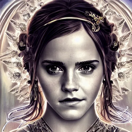 Prompt: Emma Watson as a Greek Goddess, cute, fantasy, intricate, elegant, highly detailed, digital painting, 4k, HDR, concept art, smooth, sharp focus, illustration, art by artgerm and H R Giger and alphonse mucha