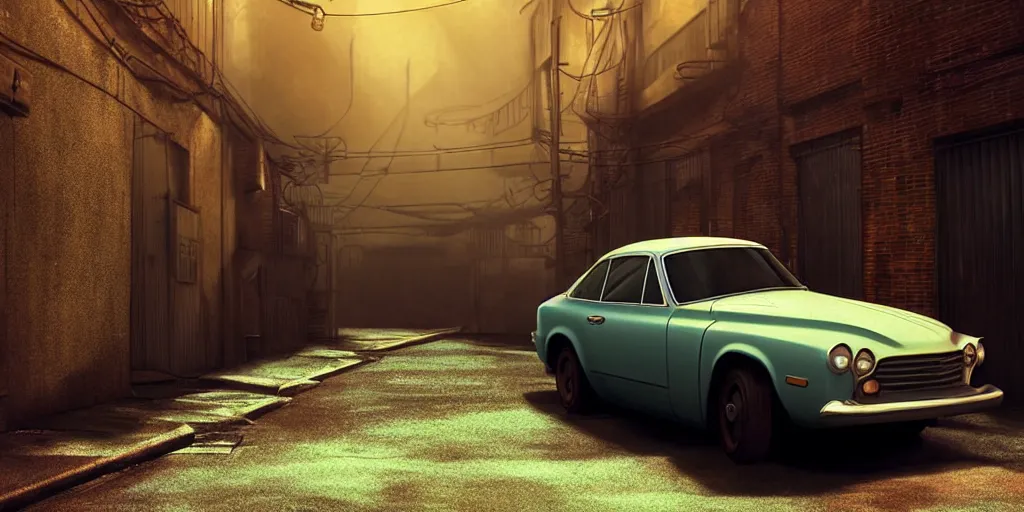 Prompt: old car parked in an abandoned alleyway, medium shot, studio Ghibli, Pixar and Disney animation, sharp, very detailed, high resolution, Rendered in Unreal Engine 5, anime key art by Greg Rutkowski, Bloom, dramatic lighting