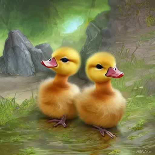 Image similar to two baby ducklings wearing armour going on an adventure, fantasy, detailed digital art