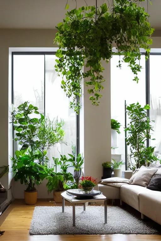 Prompt: photorealisitic modern livingroom with plants beautifully lit and night light through windows