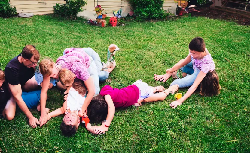 Prompt: 35mm photo of family playing twister in the backyard, 8k, highly detailed