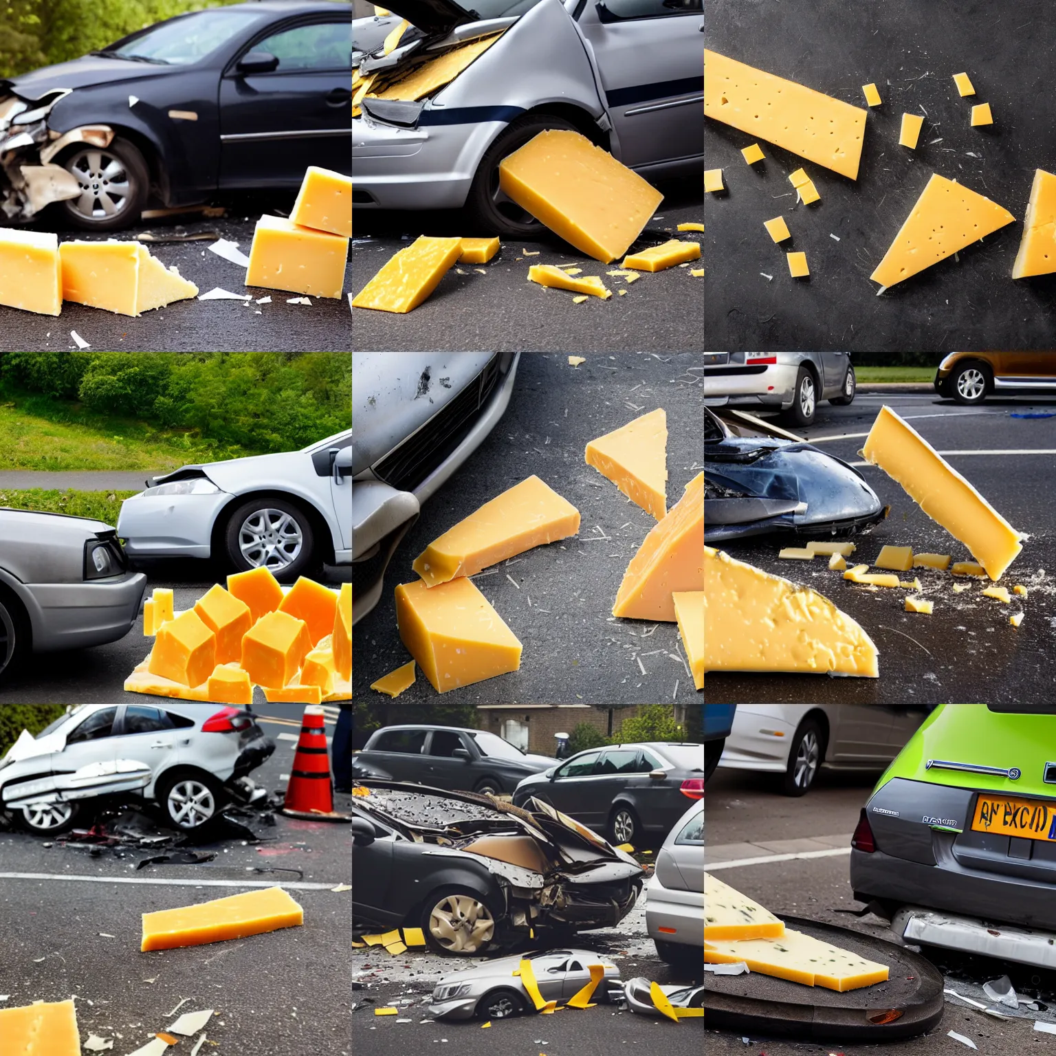 Prompt: photo of a car accident but the victims are slices of cheese 4k drammatic