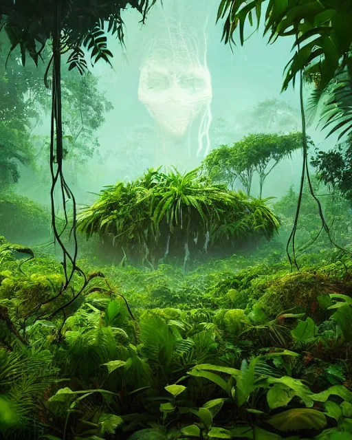 Image similar to beautiful jungle landscape, anonymous head, beautiful vines growing, in the style of beeple and mike winkelmann, intricate, epic lighting, cinematic composition, hyper realistic, 8 k resolution, unreal engine 5, raytracing, reflections, happy colors