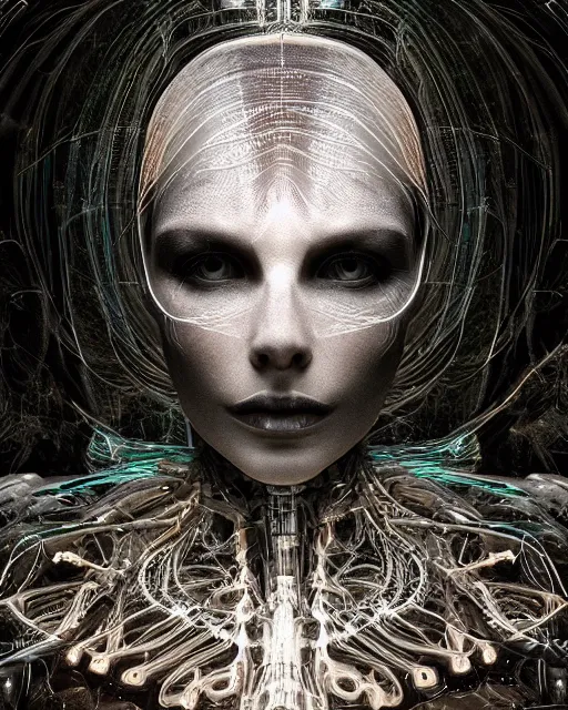 Image similar to luminescent long exposure light painting by h. r. giger of a beauteous biomechanical practical sumptuous full frame photo realistic face, lifelike incredible hair, crystalline masterpiece incrustations, hyperdetailed face, elegant pose, movie still, intricate, octane render, cinematic forest lighting,