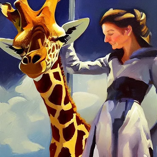 Prompt: a giraffe astronaut drinking tea with queen isabel, trending on artstation, art by greg manchess, guangjian, detailed digital art, artstation hd