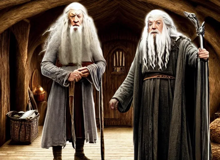 Prompt: gandalf standing with frodo in bag end, bag end in the style of h. r. giger, image from a movie, detailed, realistic, live action