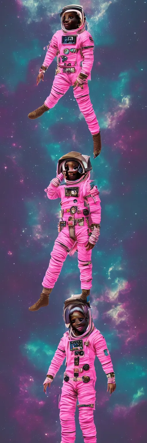 Image similar to Cinematic full body portrait of Lil Uzi Vert wearing a pink spacesuit, cinematic photograph, matte painting, trending on artstation, space clouds art