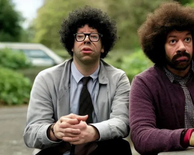 Prompt: richard ayoade as moss and chris o'dowd as roy in the it crowd ( 2 0 0 6 ), channel 4, episode still, 4 8 0 p