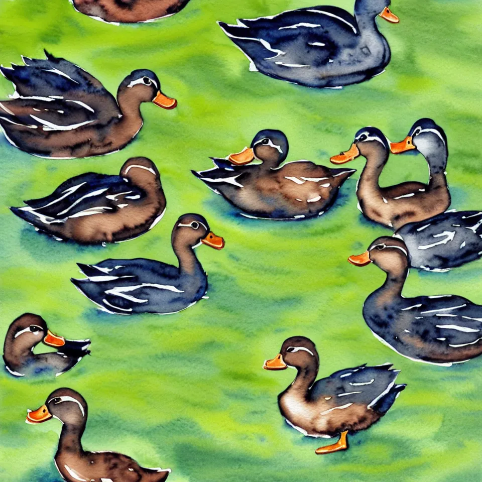 Prompt: watercolor of 3 ducks and 1 frog having a conversation on the side of a pond,