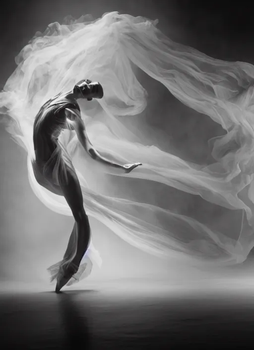 Image similar to a Photorealistic dramatic hyperrealistic render of a glamorous beautiful Female smoke dancer by Ken Brower and Deborah Ory of NYC Dance project,Lois Greenfield,Flowing cloth and smoke,Beautiful dynamic dramatic dark moody lighting,volumetric,shadows,cinematic atmosphere,Octane render,8K