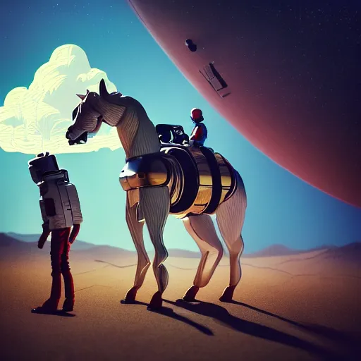 Image similar to photography of anthropomorphic horse men riding an astronaut back. from western by hiroyuki okiura and katsuhiro otomo and alejandro hodorovski style with many details by mike winkelmann and vincent di fate in sci - fi style. volumetric natural light photo on dsmc 3 system,