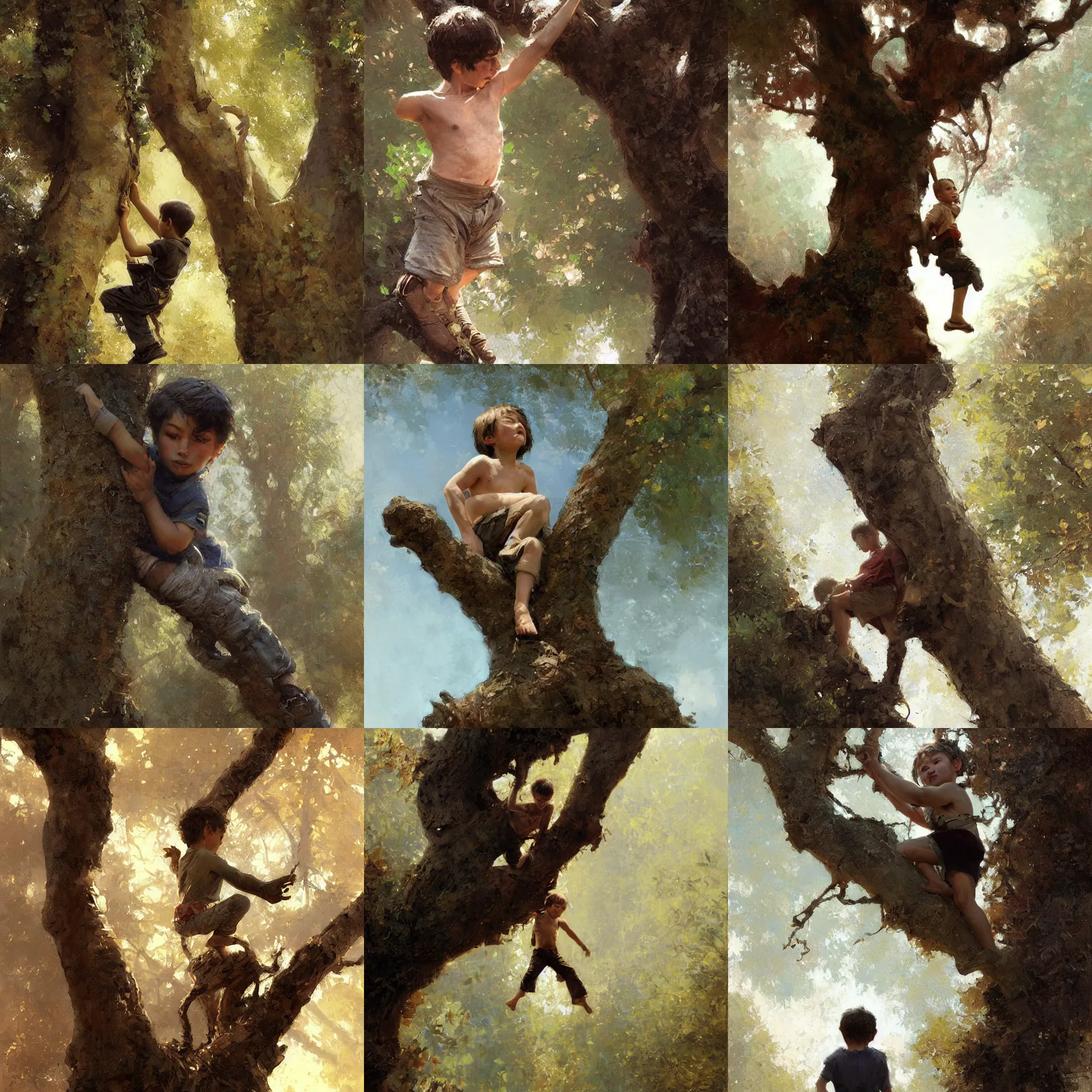 Prompt: digital art portrait painting of a young boy climbing a tree painted by craig mullins and gaston bussiere and greg rutkowski, symmetrical facial features, symmetrical face, defined facial features, beautiful face, dramatic lighting