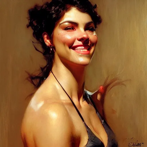 Image similar to a portrait of a pitbull woman hybrid smiling at the viewer. highly detailed painting by gaston bussiere, craig mullins, j. c. leyendecker 8 k