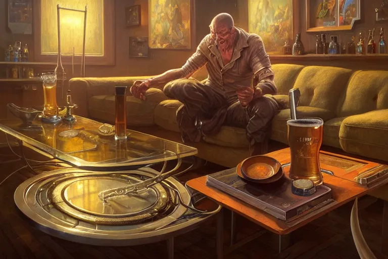 Prompt: detailed pint of beer on the coffee table in the the mid century modern livingroom. highly detailed, digital painting, artstation, concept art, smooth, sharp focus, illustration, artgerm, tomasz alen kopera, peter mohrbacher, donato giancola, joseph christian leyendecker, wlop, boris vallejo