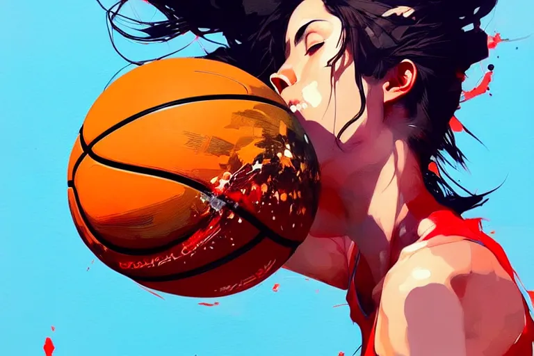 Image similar to a ultradetailed beautiful panting of a woman dribbling a basketball, by conrad roset, greg rutkowski and makoto shinkai, trending on artstation