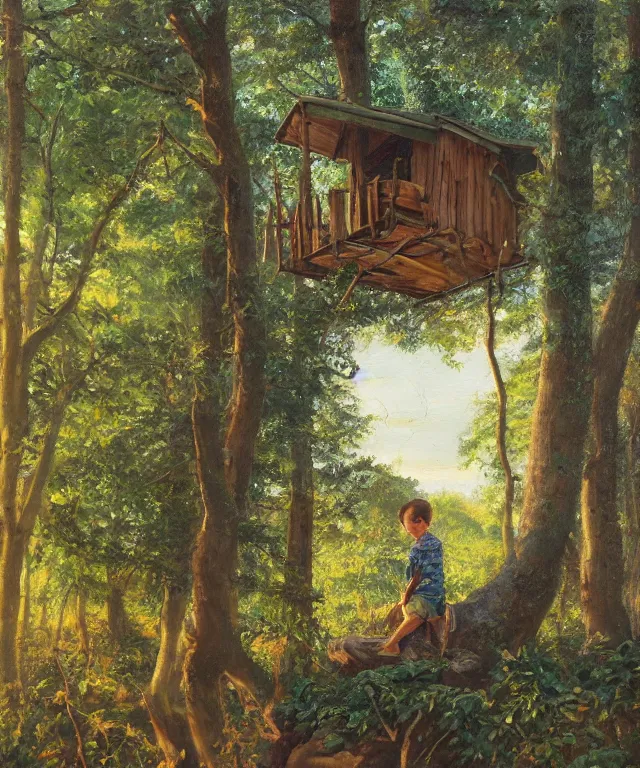 Image similar to masterful oil on canvas painting, eye - level view, shot from 5 0 feet distance, of a kid playing in a treehouse. in the background is a whimsical forest. golden hour, detailed, depth, volume, chiaroscuro, quiet intensity, vivid color palette.