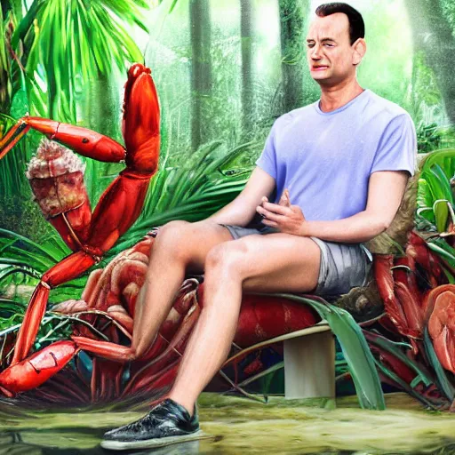 Prompt: Tom Hanks as forrest gump sitting on a giant shrimp in the jungle, realistic digital painting, photoreailstic, realistic face, amazing detail, sharp