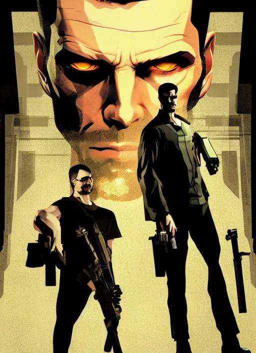 Image similar to poster artwork by Michael Whelan and Tomer Hanuka, a portrait of Max Payne in Deus Ex Human Revolution, clean