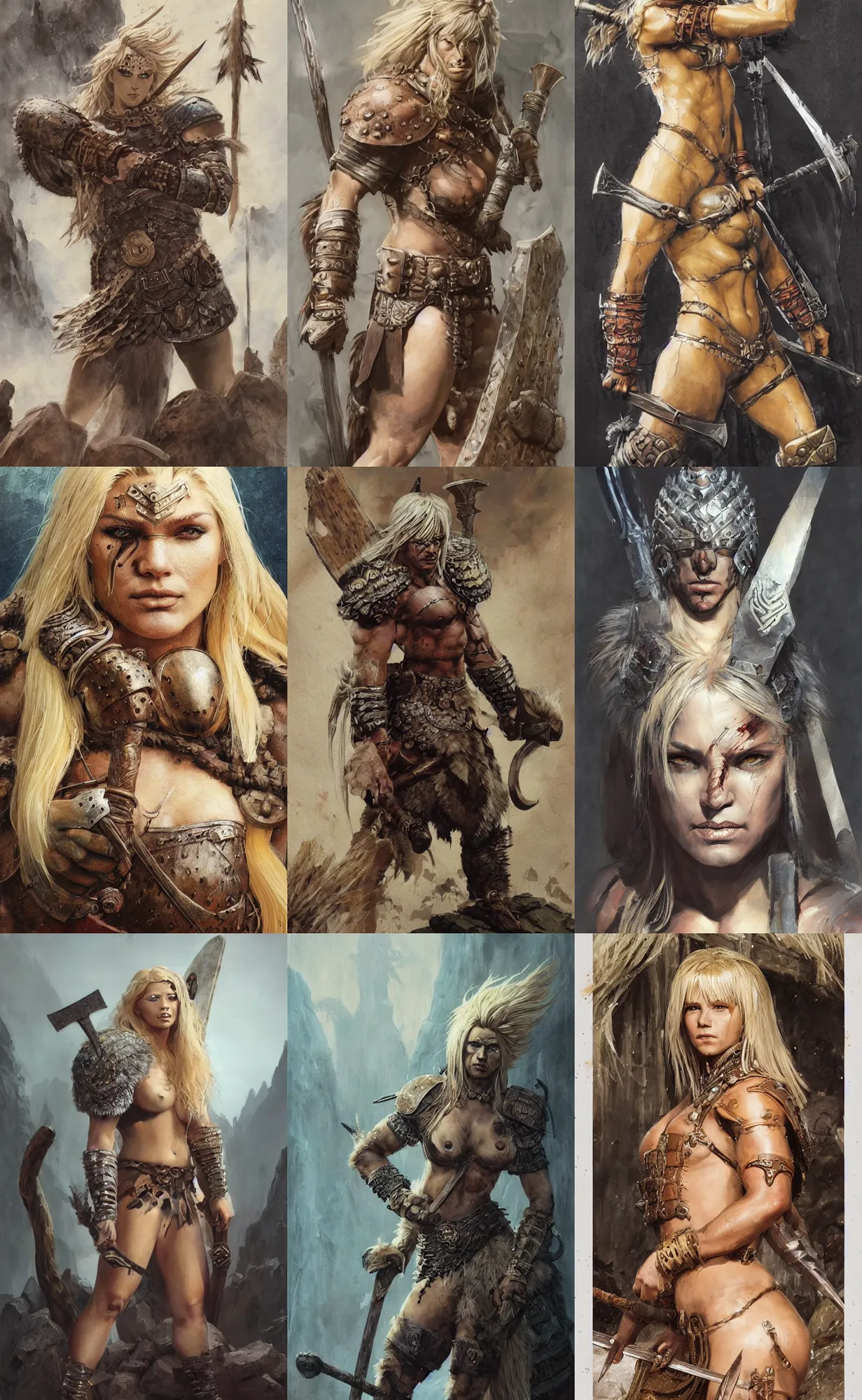 Prompt: A mixed media painting of a blonde barbarian woman or man, very aesthetic, fur armor, detailed face and eyes, by Frank Frazetta, Greg Rutkowski, Beeple, Yoko Taro, Christian MacNevin, epic fantasy character art, viking runes, high fantasy, CGsociety, full length, exquisite detail, post-processing, masterpiece, cinematic, roman festival backdrop