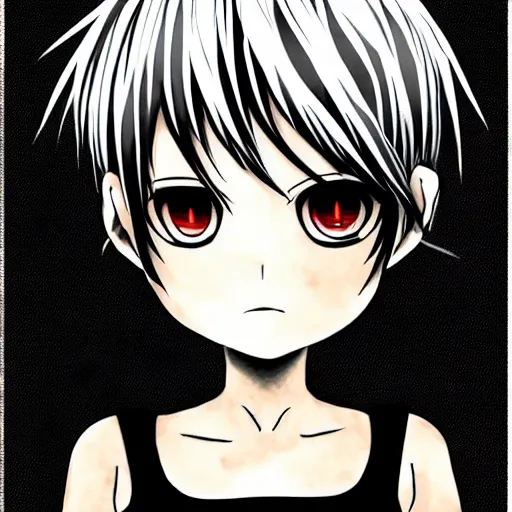 Image similar to Character design of an anime girl with short white hair and black eyes wearing three piece suit in the style of Yoshitaka Amano, abstract black and white background with lines, film grain effect, highly detailed, soft gradients