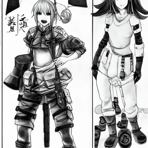 Prompt: manga, monochromatic, miura kentaro, soldier girl character, sandbags, soldier clothing