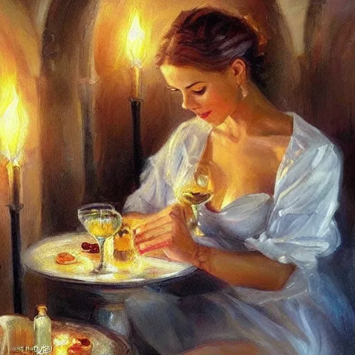 Prompt: wine cellar full of food, torches on the wall, schnapps!, romantic, inviting, cozy, blonde woman, painting Vladimir Volegov