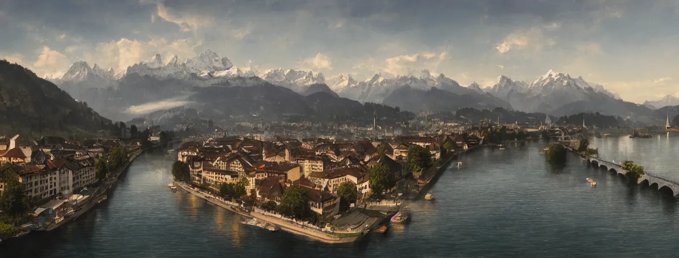 Image similar to Digital painting of Zurich, Limmat and the lake, wide angle, volumetric light, caribean water, hyperdetailed, Alps in the background, artstation, cgsociety, 8k