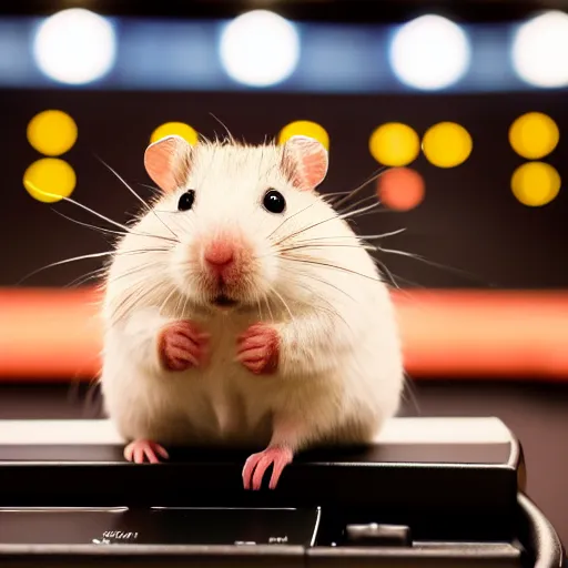 Image similar to photo of a hamster, on a cash register in a cinema, various poses, unedited, soft light, sharp focus, 8 k