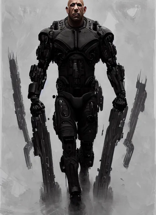 Image similar to vin diesel as victor stone, full body concept, cyborg, borg, strogg, face of a man, terminator, flesh, quake strogg, doom demon, wolfenstein, monstrous, powerful, symmetry, symmetrical, concept art by ruan jia and greg rutkowski