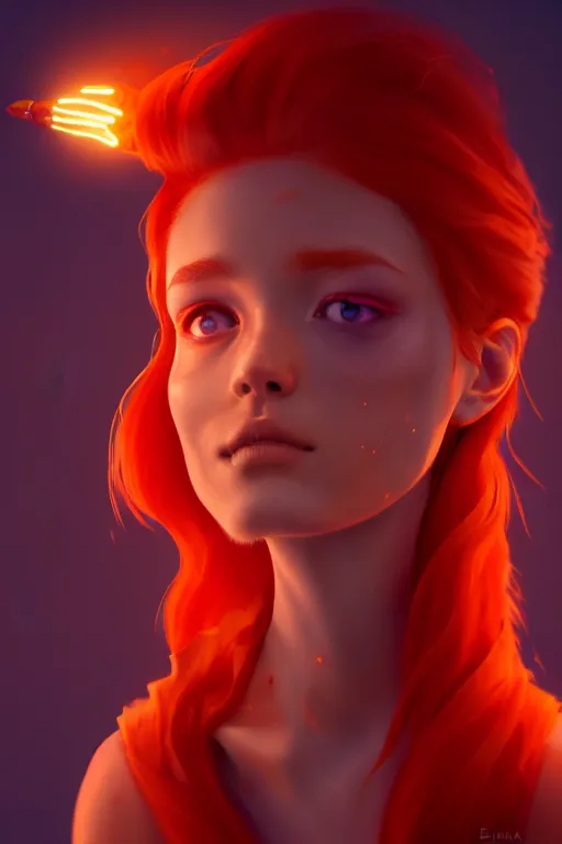 Prompt: super cute Bioluminescent fire mage with red hair and freckles character concept, soft light, soft mood, realistic body features and face, illustration, painting oil on canvas by Elena Zhurikhina and Goro Fujita and Charlie Bowater, octane render trending on artstation, 4k, 8k, HD