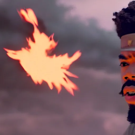 Image similar to cinematic film still of Chance The Rapper starring as a Samurai holding fire, Japanese CGI, VFX, 2022, 40mm lens, shallow depth of field, film photography