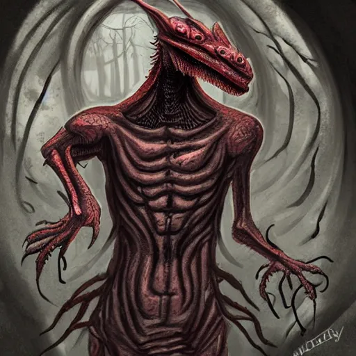 Image similar to big butcher anthropomorphic male lizardfolk posing scarily, scary angry pose, covered in blood, fresh kill, cleaver, in a cave, earie setting, lovecraft eldritch horror, hyperdetailed, furaffinity, anthro art